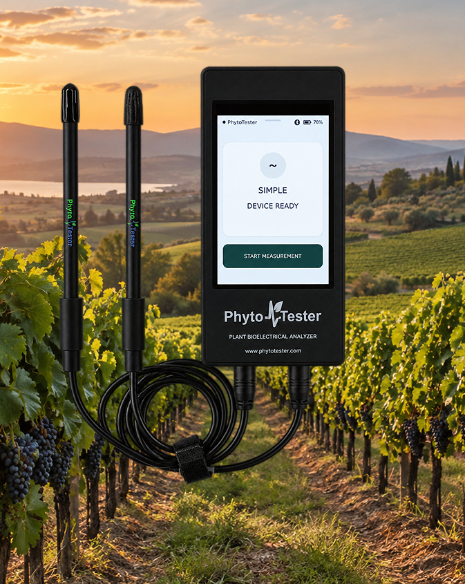 Smart PhytoTester plant bioelectrical measurement device in a vineyard